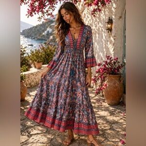 Bohemian Floral Maxi Dress with V-Neck and Tassel Tie - Blue/Pink